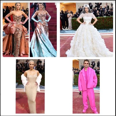 Met Gala looks are shown off by (clockwise from top left) Blake Lively, Kylie Jenner, Sebastian Stan, and Kim Kardashian.