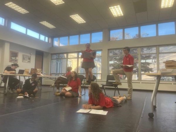 James and the insects rehearse, learning their lines and stage directions. 