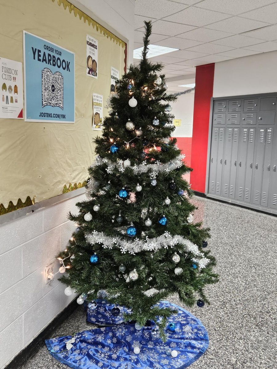 A decorated Christmas tree stands in the first floor west hallway, thanks to Archbishop Carrolls parents association.