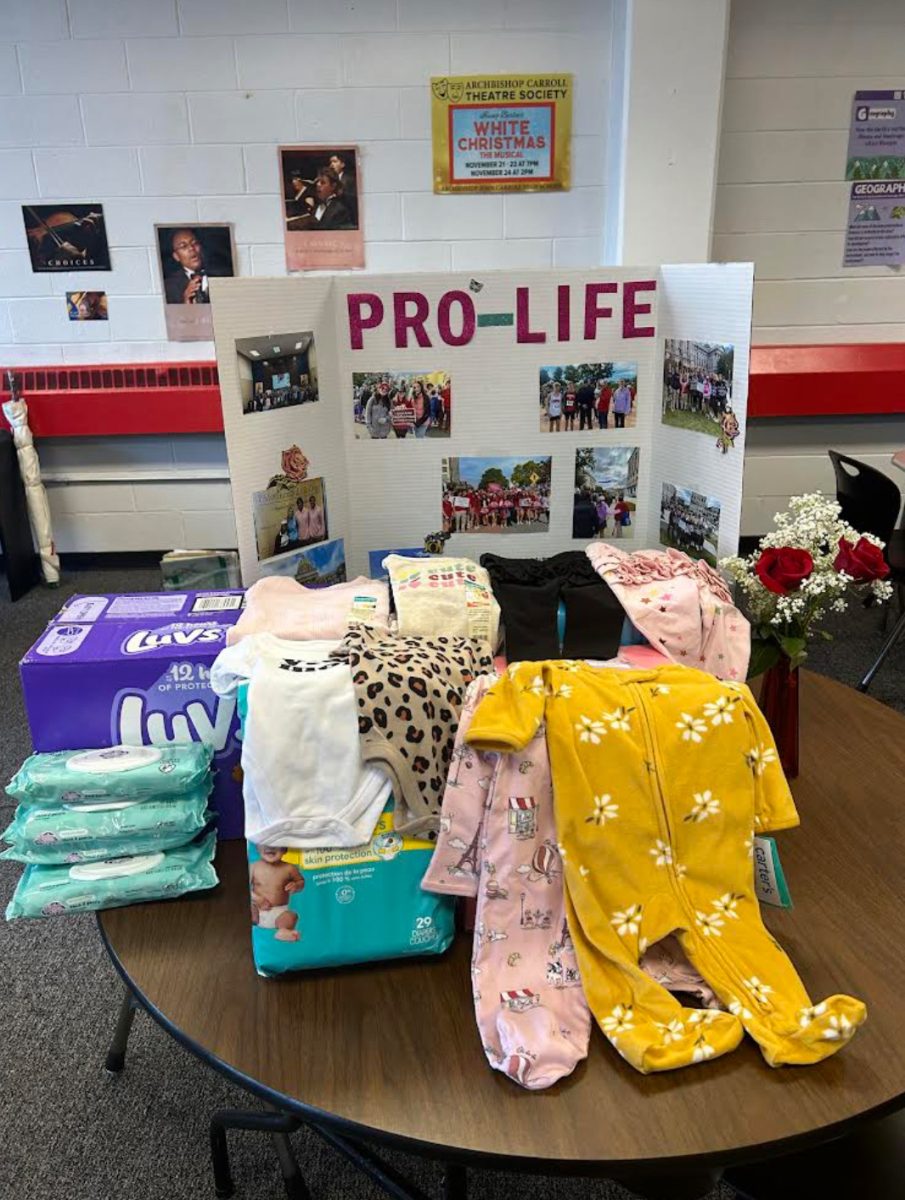 Some of the items collected during the Pro-Life Clubs donation drive for A Babys Breath pregnancy crisis center are on display.