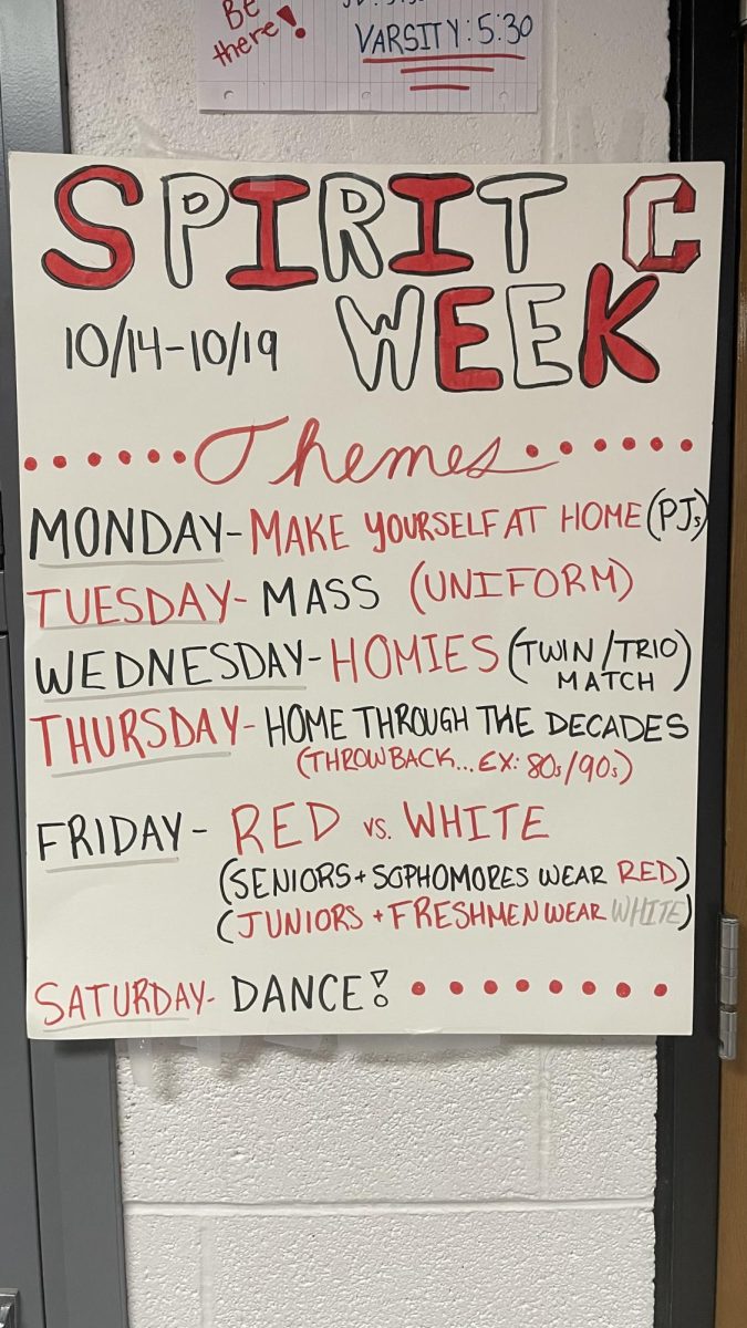 A poster hangs near Room 200 to remind students of the homecoming week dress down day themes.