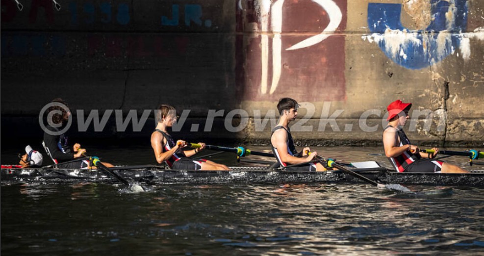 Carroll Crew men's varsity coxed four reaches the halfway mark of the race.